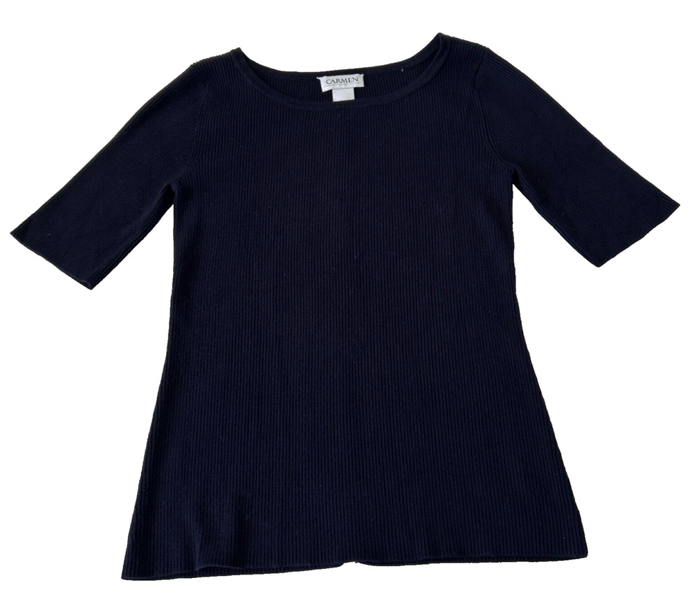 CARMEN MARC VALVO Rib Knit Sweater Top Women Sz M Navy Pullover Short Sleeve
